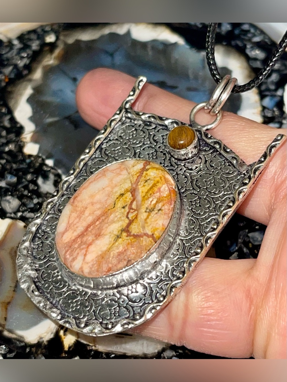 Bird’s Eye Jasper Rhyolite & Tiger Eye Pendant Crystal 2 1/2”